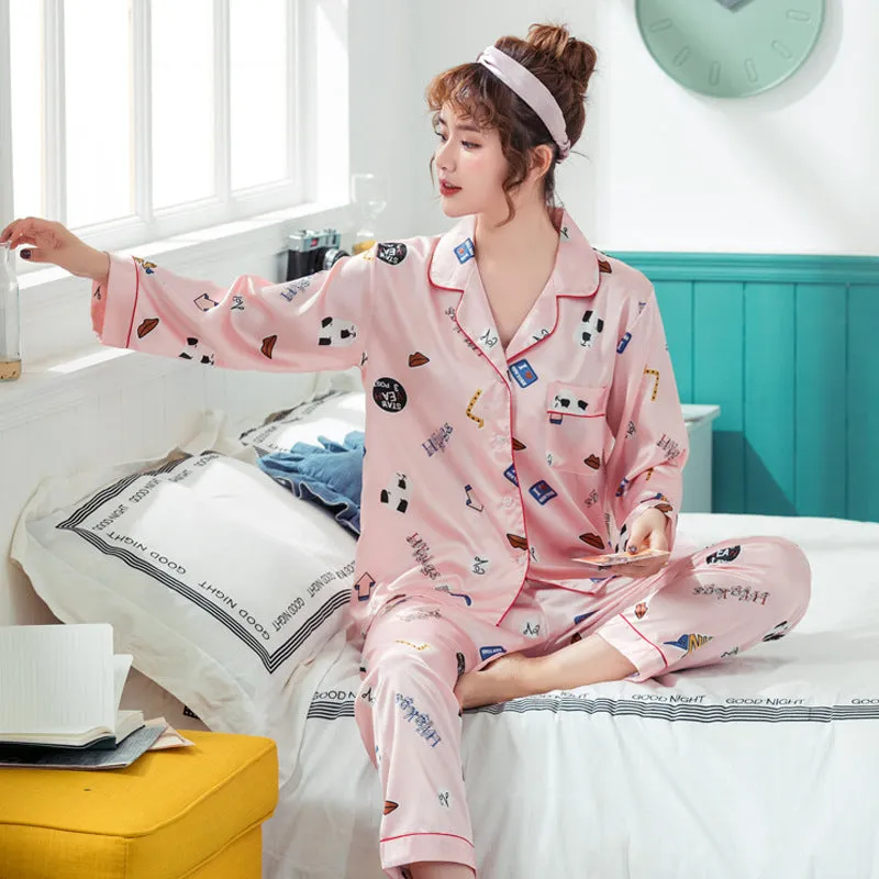 Ice Silk Couple Pajamas Spring And Summer Long-sleeved Printed Silk Pajamas - Men's Pajama Set