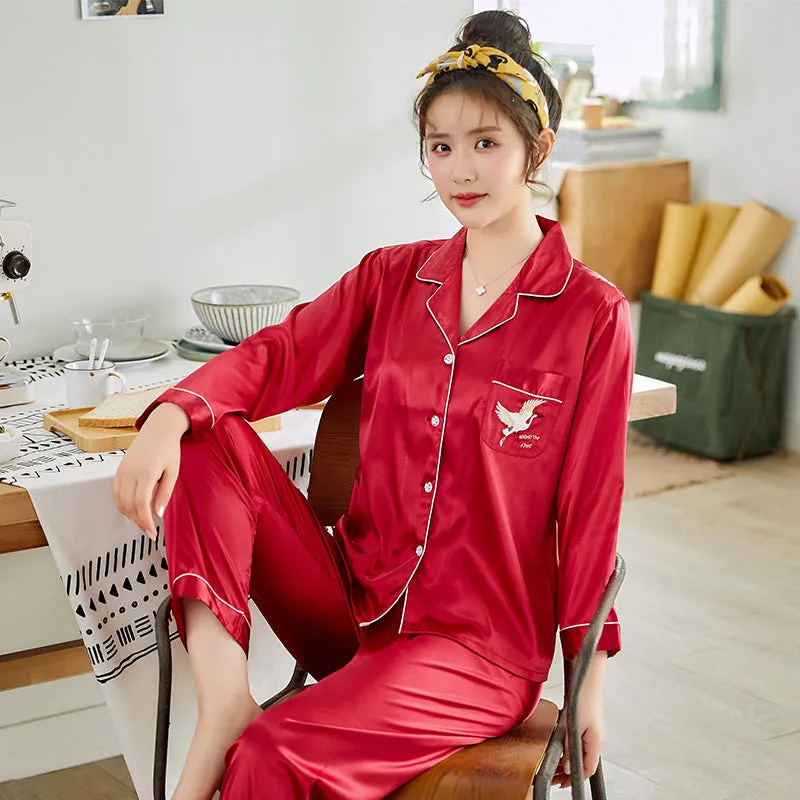 Ice Silk Couple Pajamas Spring And Summer Long-sleeved Printed Silk Pajamas - Men's Pajama Set