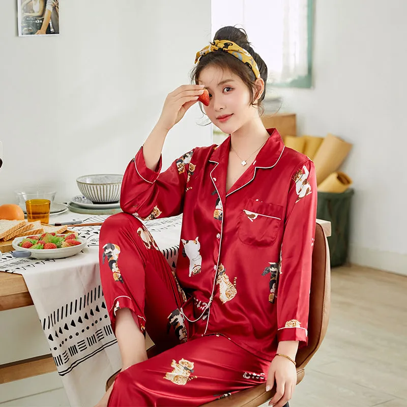 Ice Silk Couple Pajamas Spring And Summer Long-sleeved Printed Silk Pajamas - Men's Pajama Set