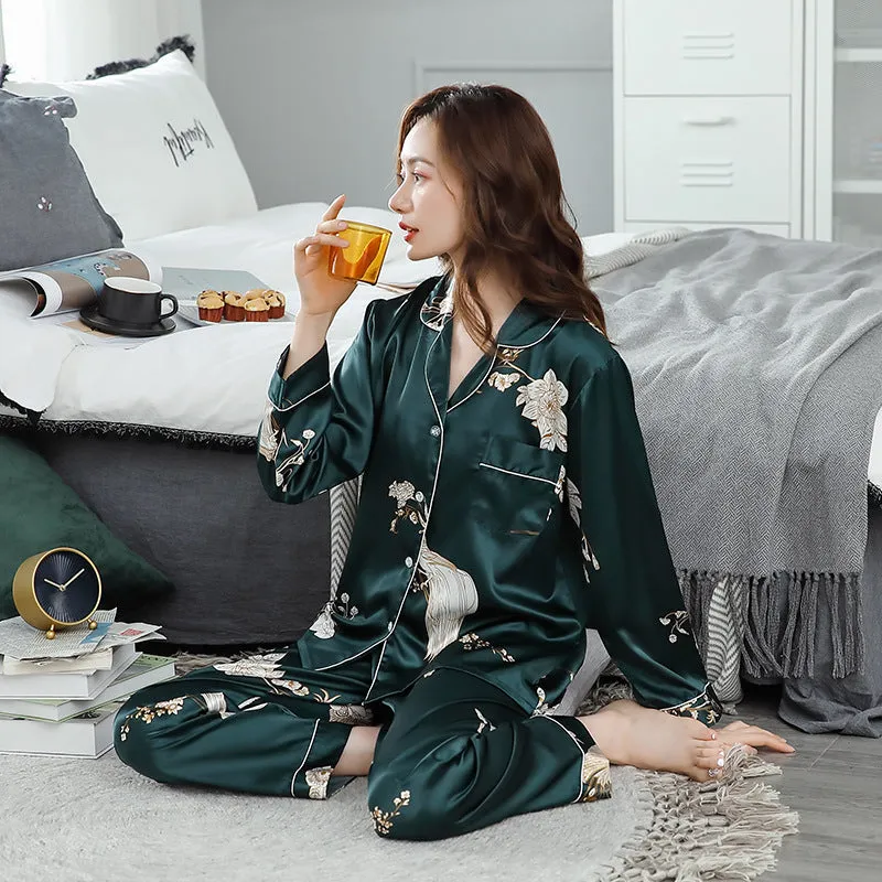 Ice Silk Couple Pajamas Spring And Summer Long-sleeved Printed Silk Pajamas - Men's Pajama Set