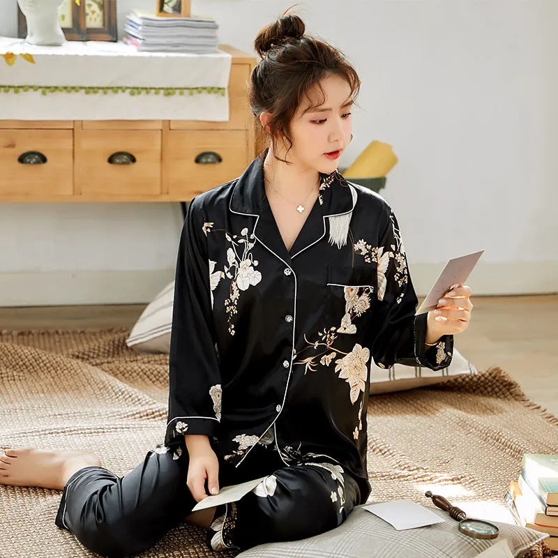 Ice Silk Couple Pajamas Spring And Summer Long-sleeved Printed Silk Pajamas - Men's Pajama Set
