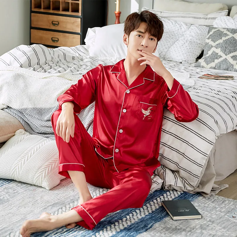 Ice Silk Couple Pajamas Spring And Summer Long-sleeved Printed Silk Pajamas - Men's Pajama Set