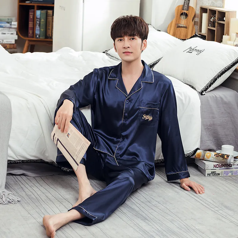 Ice Silk Couple Pajamas Spring And Summer Long-sleeved Printed Silk Pajamas - Men's Pajama Set