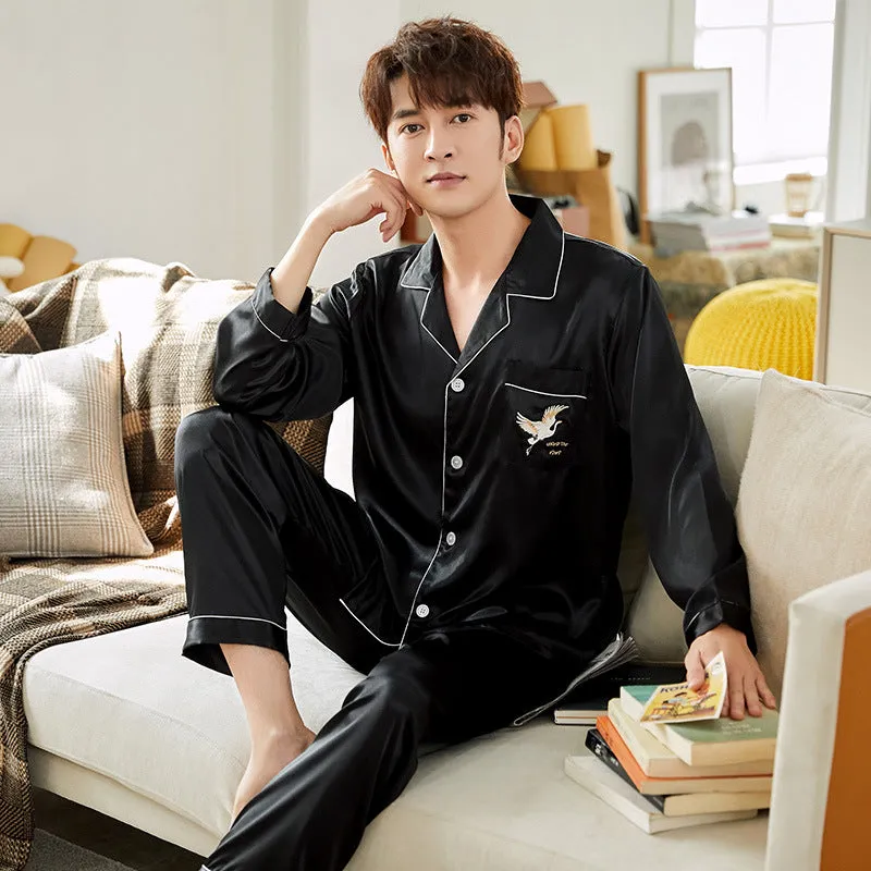 Ice Silk Couple Pajamas Spring And Summer Long-sleeved Printed Silk Pajamas - Men's Pajama Set