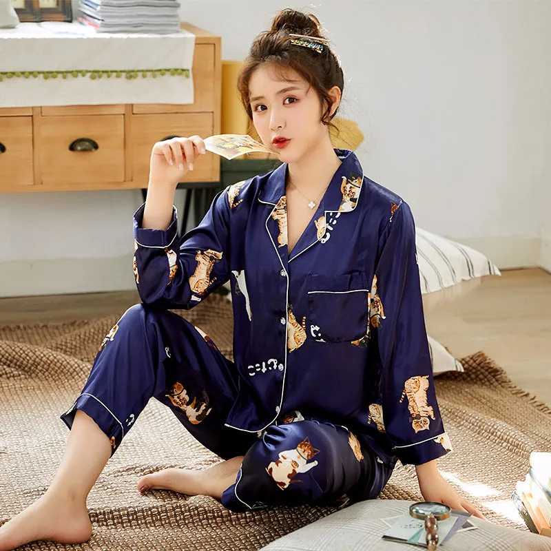 Ice Silk Couple Pajamas Spring And Summer Long-sleeved Printed Silk Pajamas - Men's Pajama Set