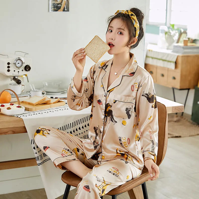 Ice Silk Couple Pajamas Spring And Summer Long-sleeved Printed Silk Pajamas - Men's Pajama Set