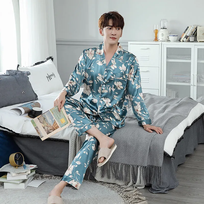 Ice Silk Couple Pajamas Spring And Summer Long-sleeved Printed Silk Pajamas - Men's Pajama Set