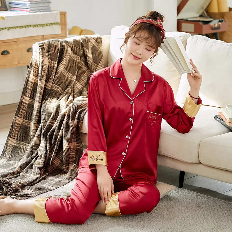 Ice Silk Couple Pajamas Spring And Summer Long-sleeved Printed Silk Pajamas - Men's Pajama Set