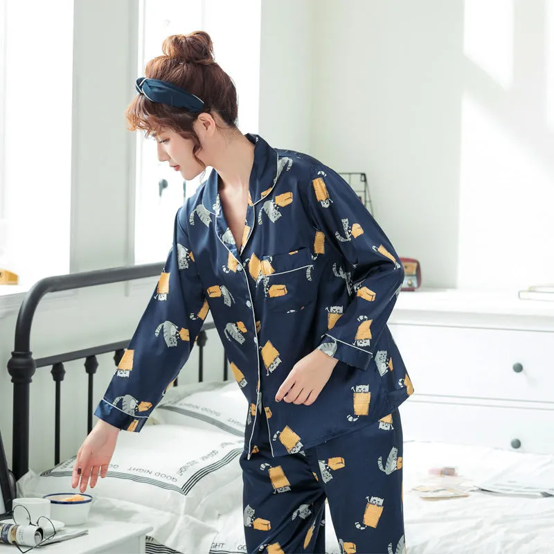 Ice Silk Couple Pajamas Spring And Summer Long-sleeved Printed Silk Pajamas - Men's Pajama Set