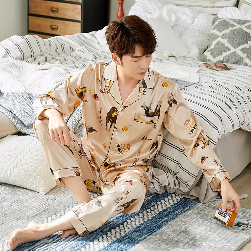 Ice Silk Couple Pajamas Spring And Summer Long-sleeved Printed Silk Pajamas - Men's Pajama Set