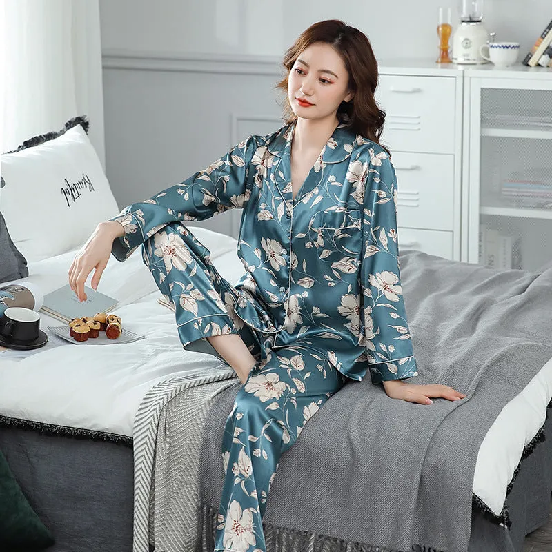 Ice Silk Couple Pajamas Spring And Summer Long-sleeved Printed Silk Pajamas - Men's Pajama Set
