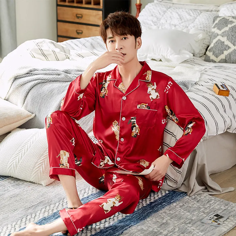 Ice Silk Couple Pajamas Spring And Summer Long-sleeved Printed Silk Pajamas - Men's Pajama Set