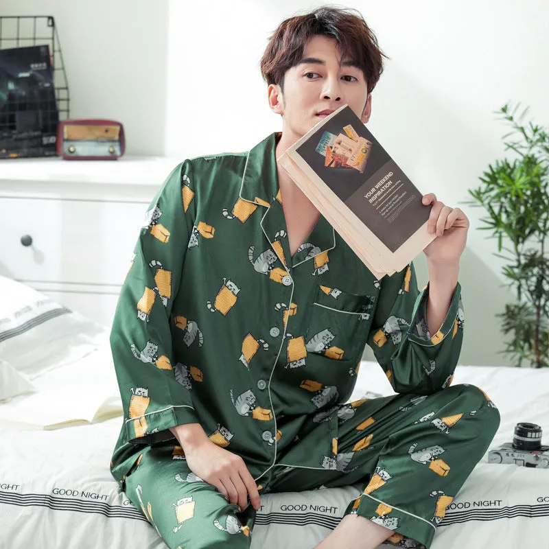Ice Silk Couple Pajamas Spring And Summer Long-sleeved Printed Silk Pajamas - Men's Pajama Set