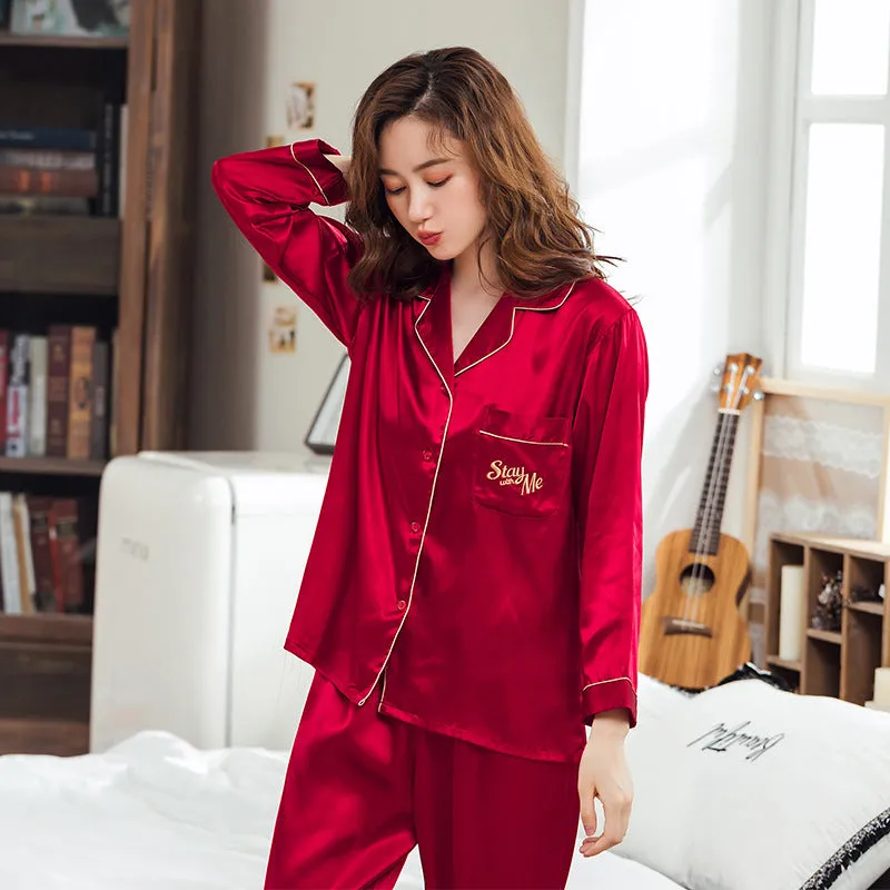 Ice Silk Couple Pajamas Spring And Summer Long-sleeved Printed Silk Pajamas - Men's Pajama Set