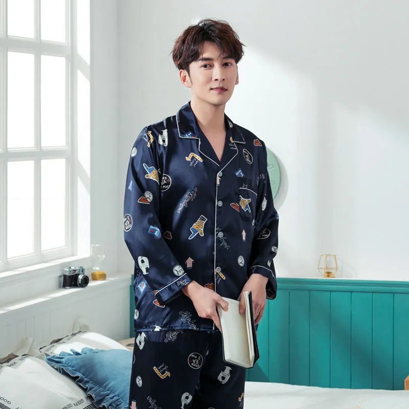 Ice Silk Couple Pajamas Spring And Summer Long-sleeved Printed Silk Pajamas - Men's Pajama Set