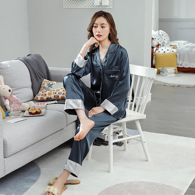 Ice Silk Couple Pajamas Spring And Summer Long-sleeved Printed Silk Pajamas - Men's Pajama Set