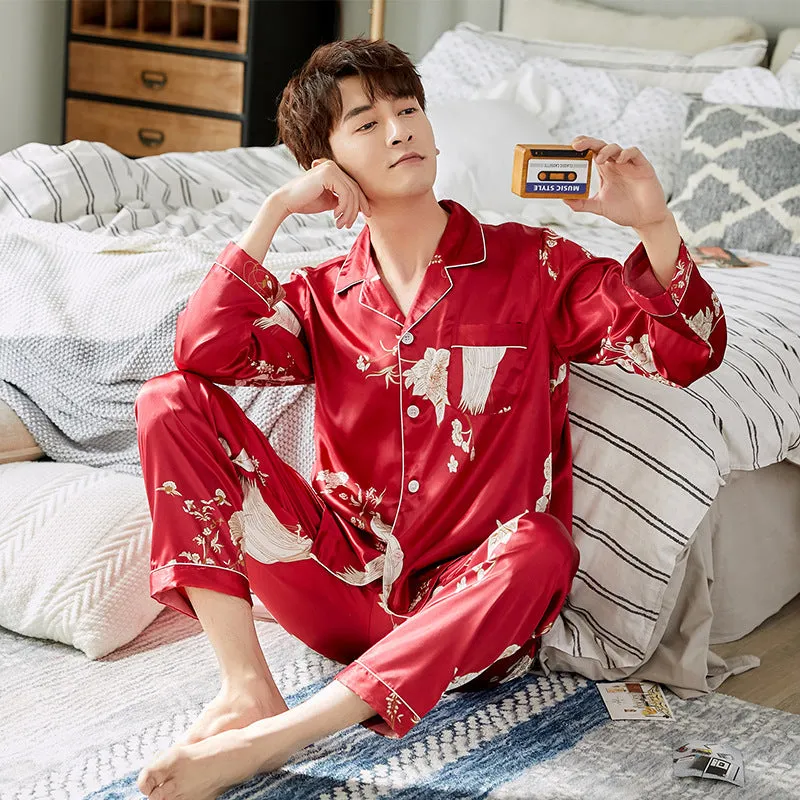 Ice Silk Couple Pajamas Spring And Summer Long-sleeved Printed Silk Pajamas - Men's Pajama Set