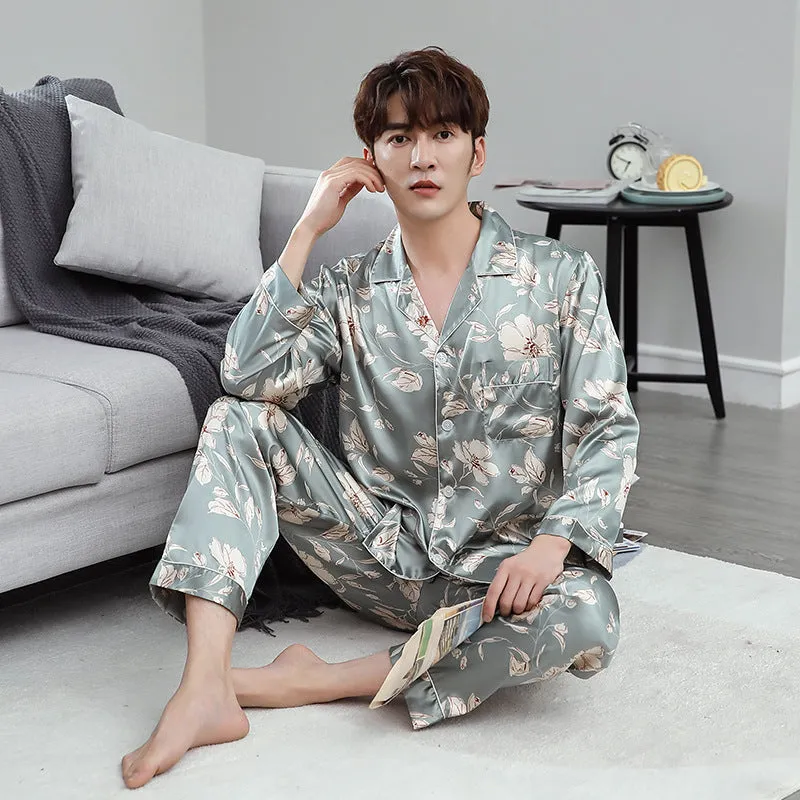 Ice Silk Couple Pajamas Spring And Summer Long-sleeved Printed Silk Pajamas - Men's Pajama Set