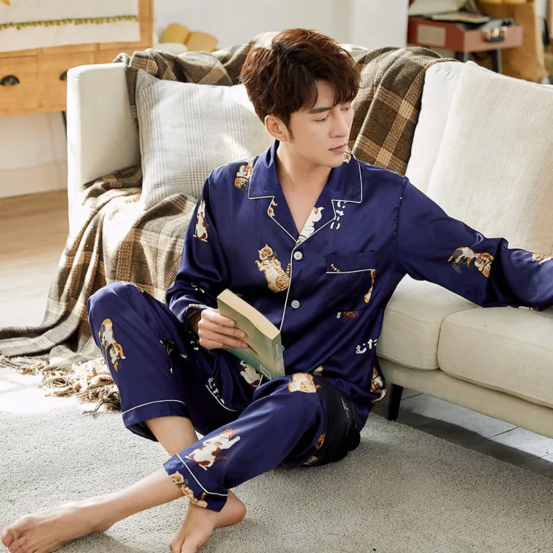 Ice Silk Couple Pajamas Spring And Summer Long-sleeved Printed Silk Pajamas - Men's Pajama Set