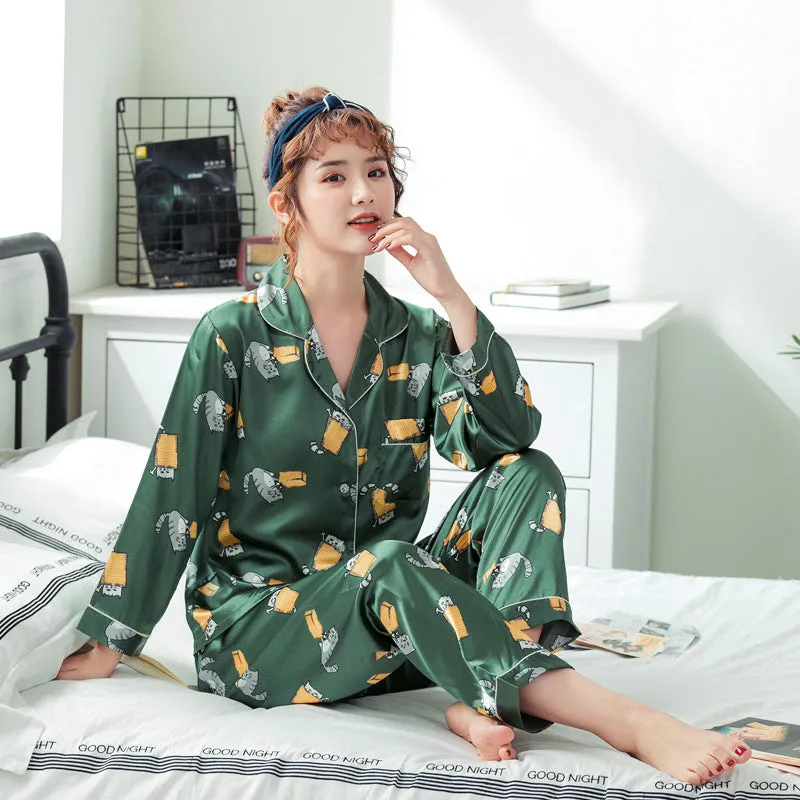 Ice Silk Couple Pajamas Spring And Summer Long-sleeved Printed Silk Pajamas - Men's Pajama Set
