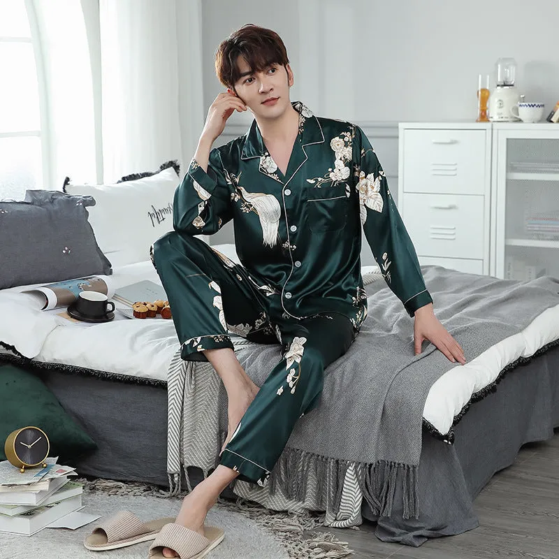 Ice Silk Couple Pajamas Spring And Summer Long-sleeved Printed Silk Pajamas - Men's Pajama Set