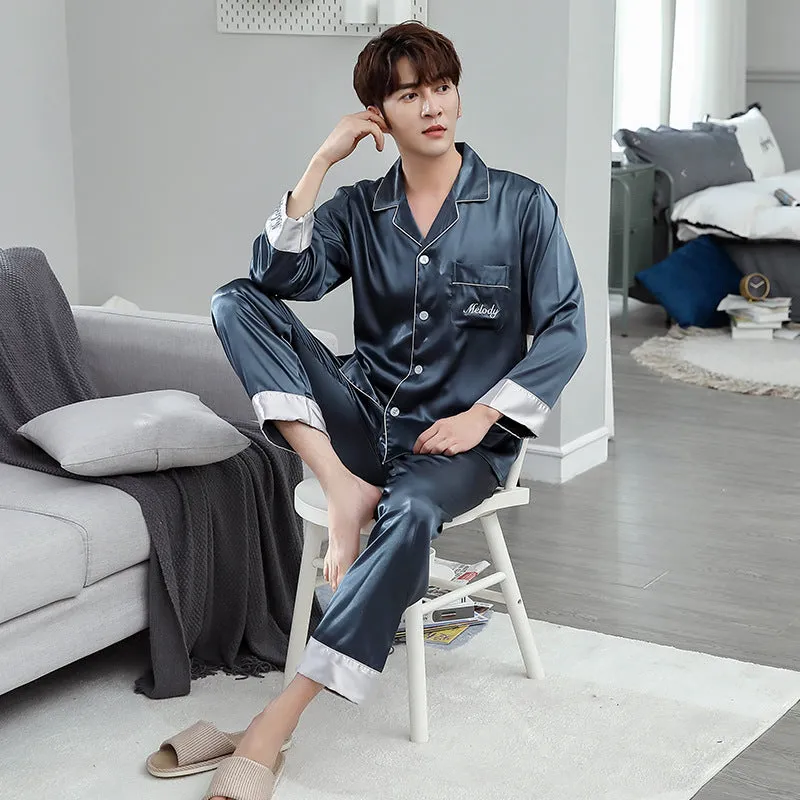 Ice Silk Couple Pajamas Spring And Summer Long-sleeved Printed Silk Pajamas - Men's Pajama Set