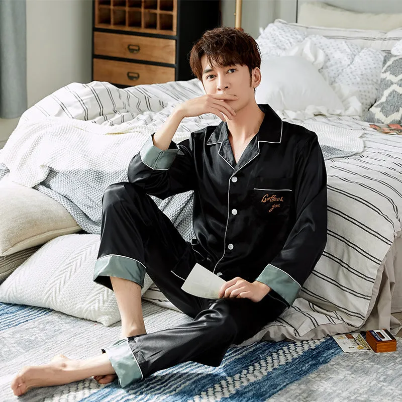 Ice Silk Couple Pajamas Spring And Summer Long-sleeved Printed Silk Pajamas - Men's Pajama Set