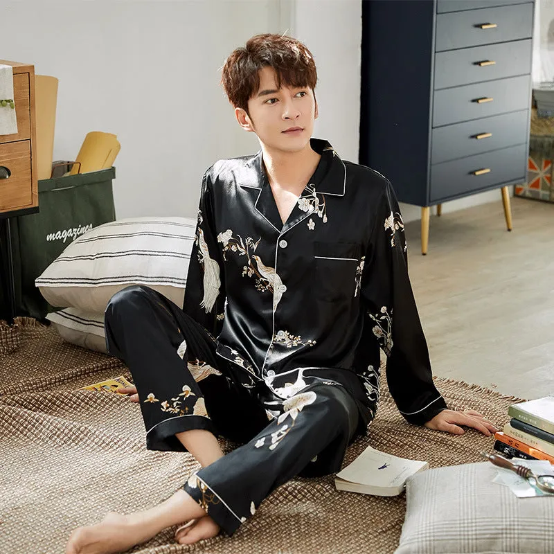 Ice Silk Couple Pajamas Spring And Summer Long-sleeved Printed Silk Pajamas - Men's Pajama Set