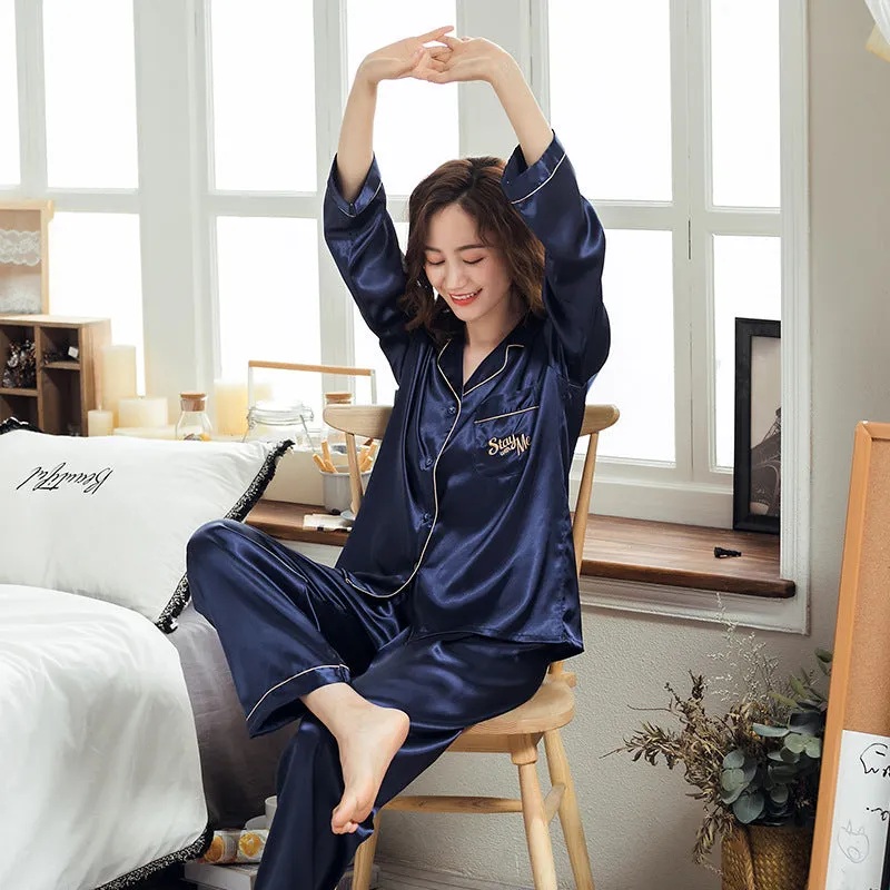 Ice Silk Couple Pajamas Spring And Summer Long-sleeved Printed Silk Pajamas - Men's Pajama Set