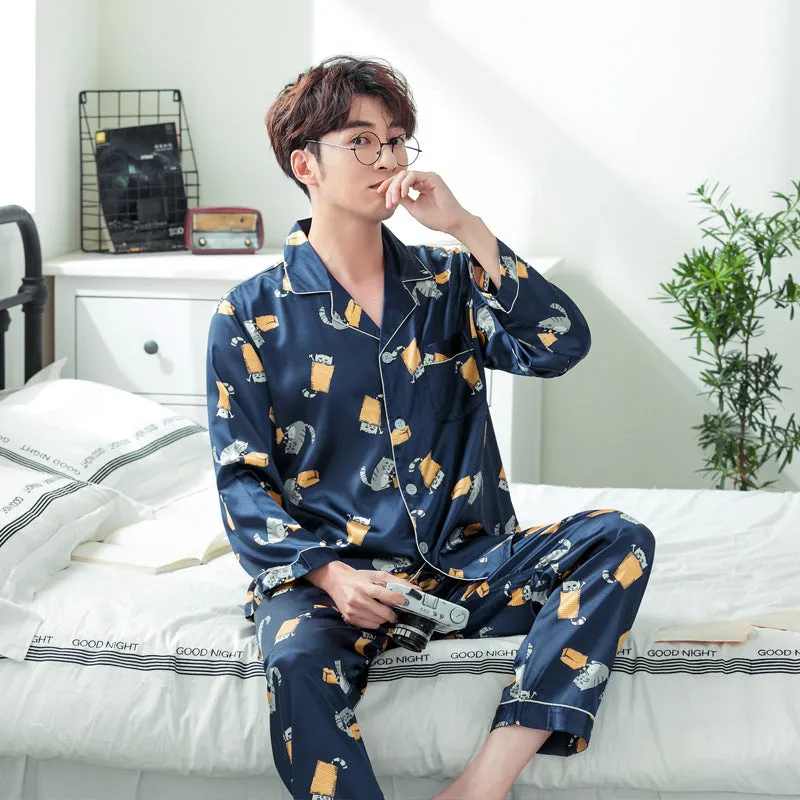 Ice Silk Couple Pajamas Spring And Summer Long-sleeved Printed Silk Pajamas - Men's Pajama Set