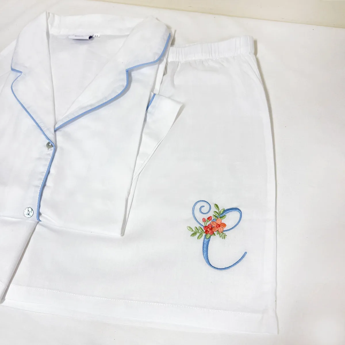 Iris Cotton PJ Set, Light Blue Piping