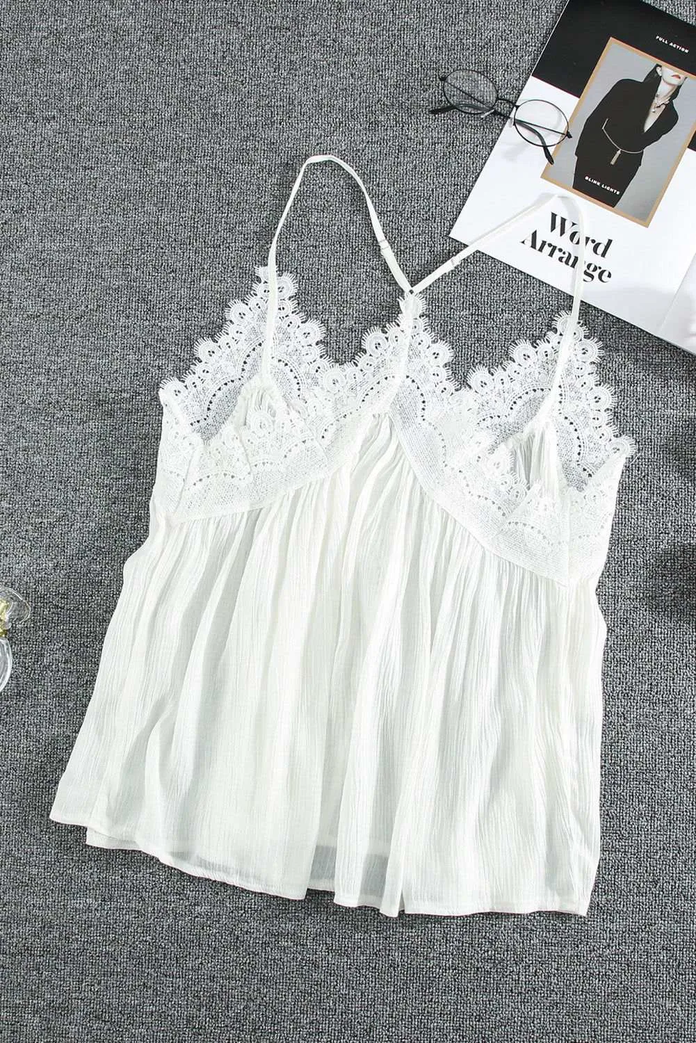 Ivory Flowy V Neck Spaghetti Strap Lace Camisole - Stylish Top