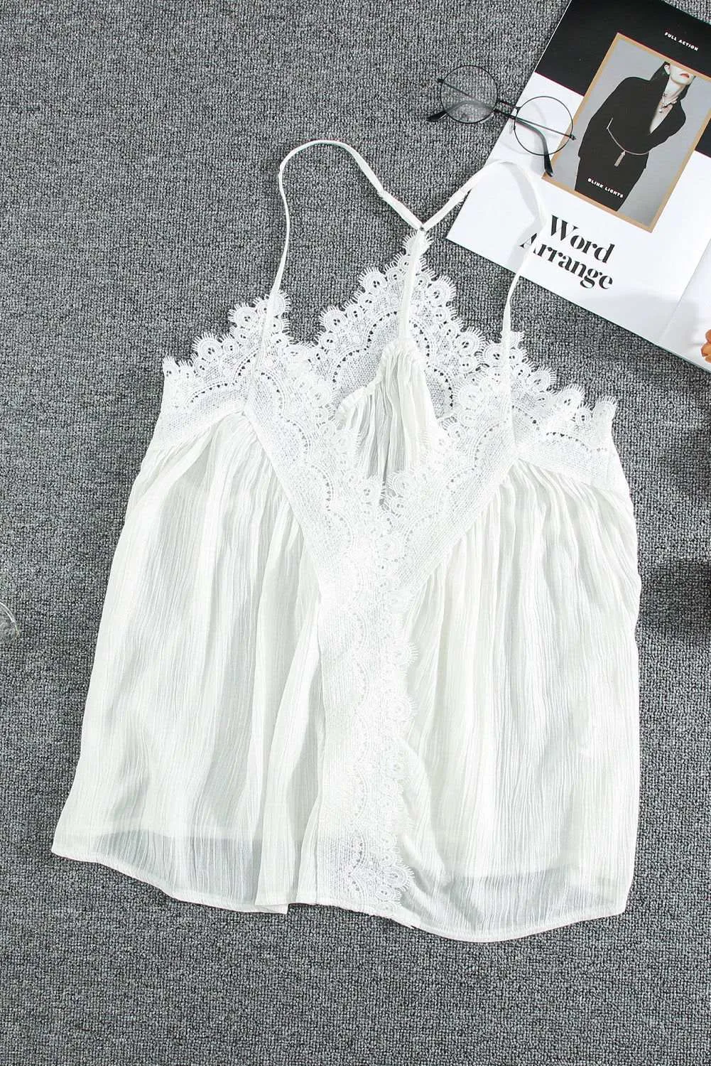 Ivory Flowy V Neck Spaghetti Strap Lace Camisole - Stylish Top