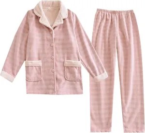 JOAU Women Winter Sherpa Fleece Lined Pajamas Set Lounge Button Down Lapel Pockets Top Pj Pants 2 Piece Loungewear Sleepwear