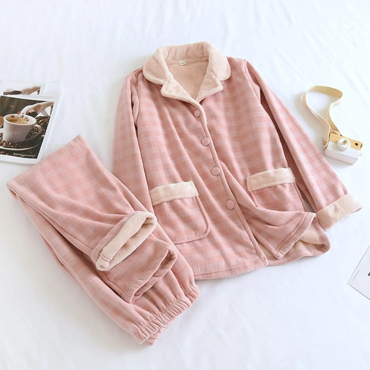 JOAU Women Winter Sherpa Fleece Lined Pajamas Set Lounge Button Down Lapel Pockets Top Pj Pants 2 Piece Loungewear Sleepwear