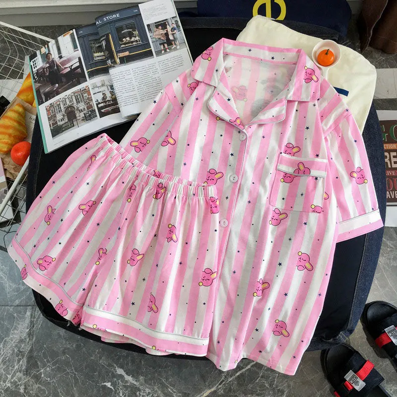 Joskaa Christmas Gift Women Sleepwear Heart Stripe Print Pajamas Sets Women Harajuku Soft Short Sleeve Nightwear Set 2024 Summer Comfortable Pajama