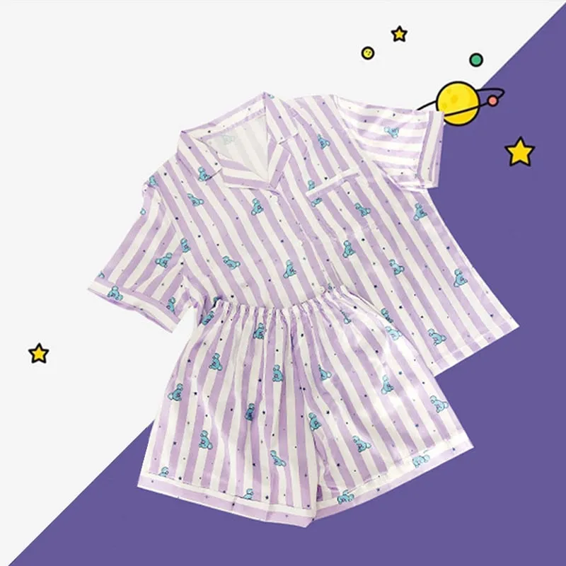 Joskaa Christmas Gift Women Sleepwear Heart Stripe Print Pajamas Sets Women Harajuku Soft Short Sleeve Nightwear Set 2024 Summer Comfortable Pajama