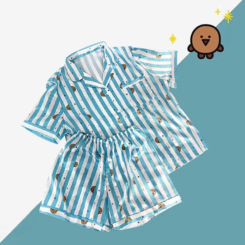 Joskaa Christmas Gift Women Sleepwear Heart Stripe Print Pajamas Sets Women Harajuku Soft Short Sleeve Nightwear Set 2024 Summer Comfortable Pajama