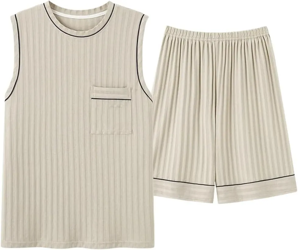 JSEIAJB Men's Plus Size Pajama Set Sleeveless Shorts Men's Pajamas Breathable Cotton Men's Casual Elegant(X-Large)