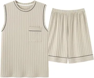 JSEIAJB Men's Plus Size Pajama Set Sleeveless Shorts Men's Pajamas Breathable Cotton Men's Casual Elegant(X-Large)