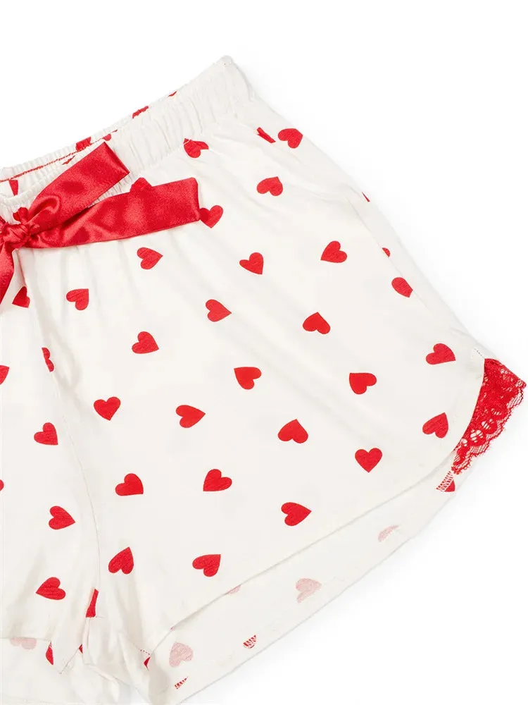 JuliaFashion - Heart Print Lace Patchwork Short Sleeve  Shirts Tops Suits