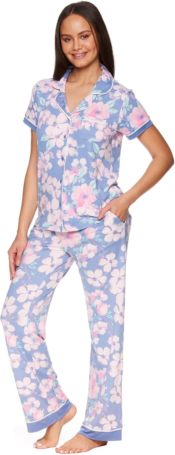 Kathy Ireland Womens Pajama Set - Blue Solid Stretch Knit Short Sleeve Classic Women's Pajamas