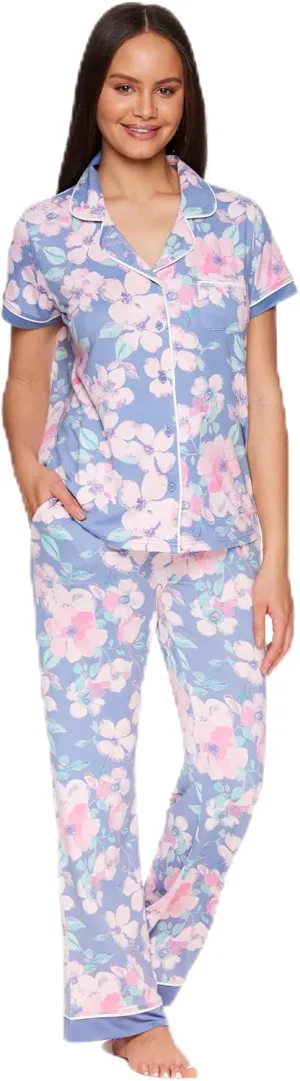 Kathy Ireland Womens Pajama Set - Blue Solid Stretch Knit Short Sleeve Classic Women's Pajamas