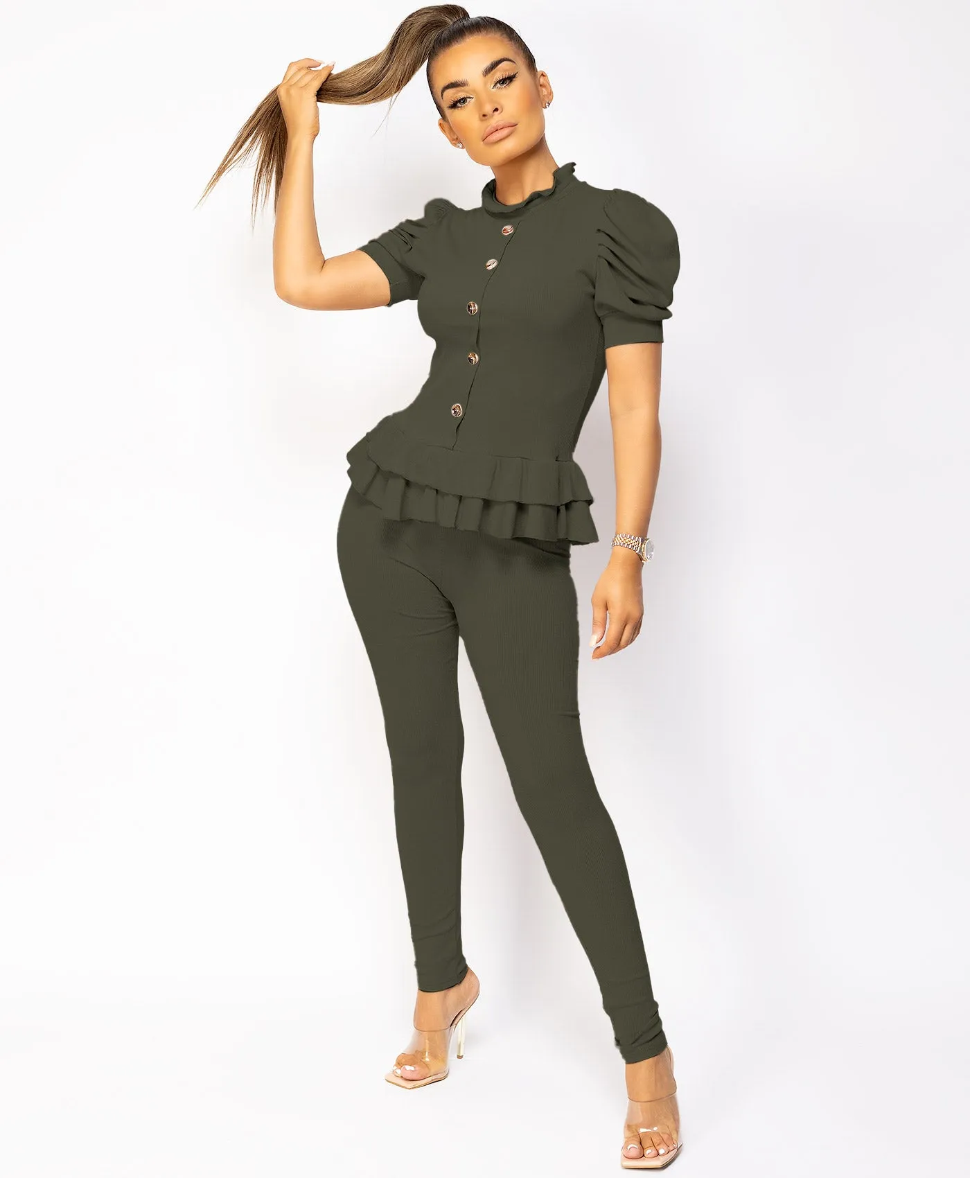 Khaki Short Sleeve Frill Loungewear Set
