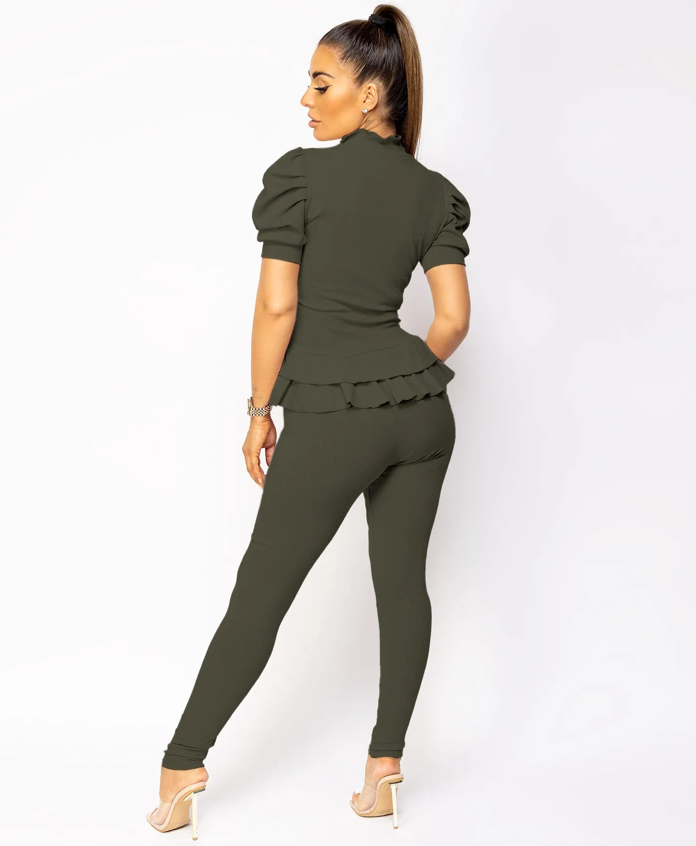 Khaki Short Sleeve Frill Loungewear Set