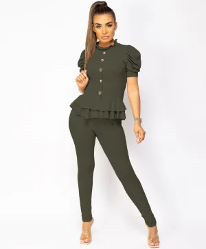 Khaki Short Sleeve Frill Loungewear Set