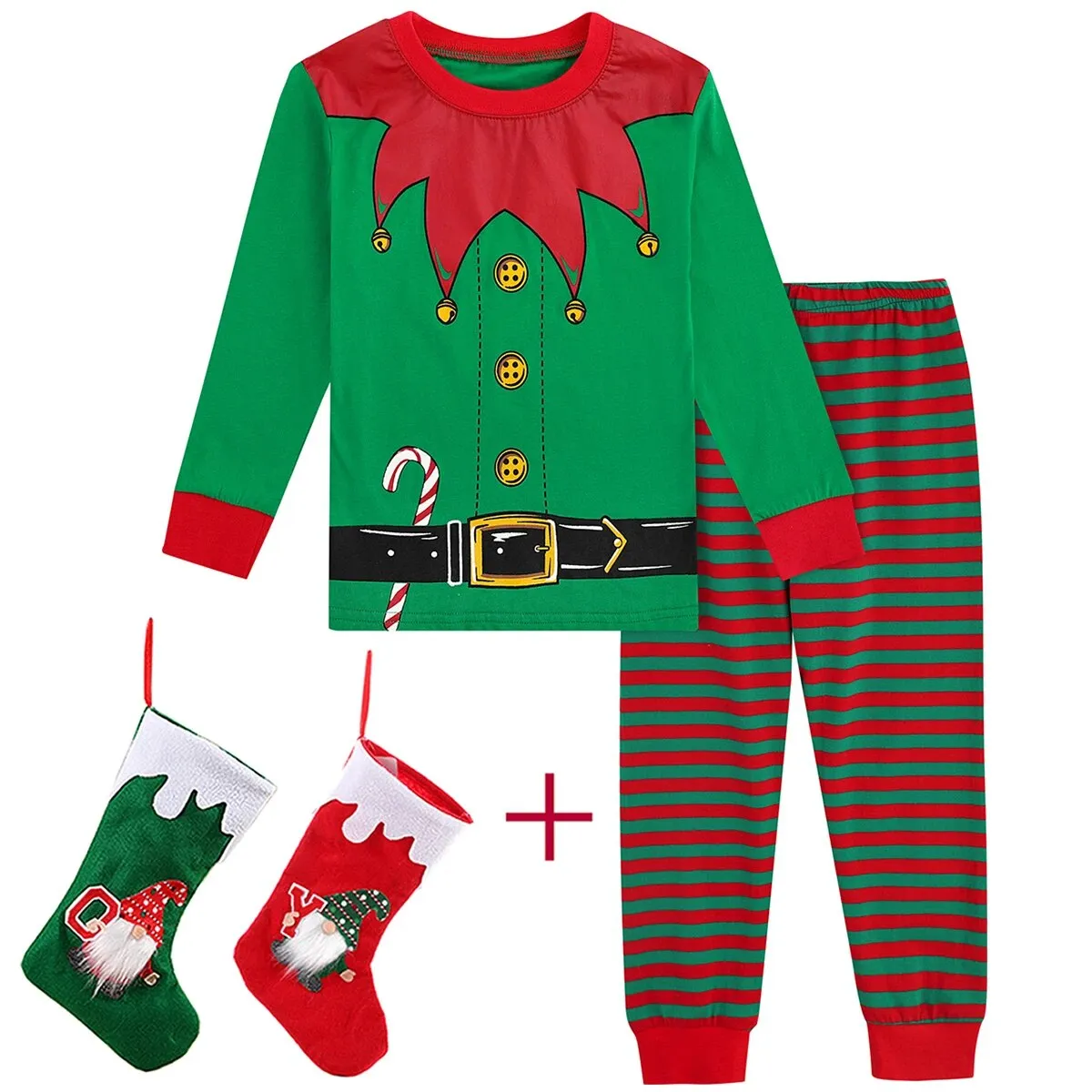 Kids Boys Girls Elk Green Red Christmas Pyjamas