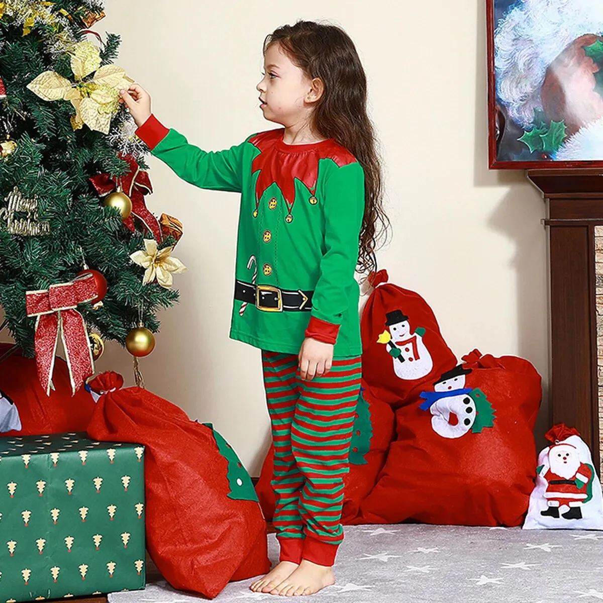 Kids Boys Girls Elk Green Red Christmas Pyjamas