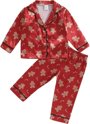 Kids Girls Boys Christmas Pajamas Santa Claus Cookie Satin Silk 2 Piece Pajama Set Short/Long Sleeve Sleepwear (Gingerbread Red, 12-18 Months)