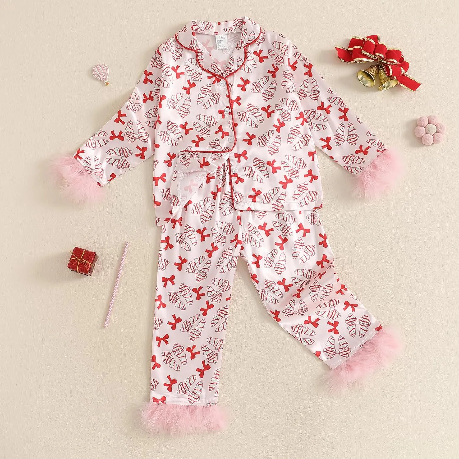 Kids Girls Christmas Valentines Pajamas Cute Print Button Down Tops   Pants Toddler Satin Sleepwear Silk Pajama Set